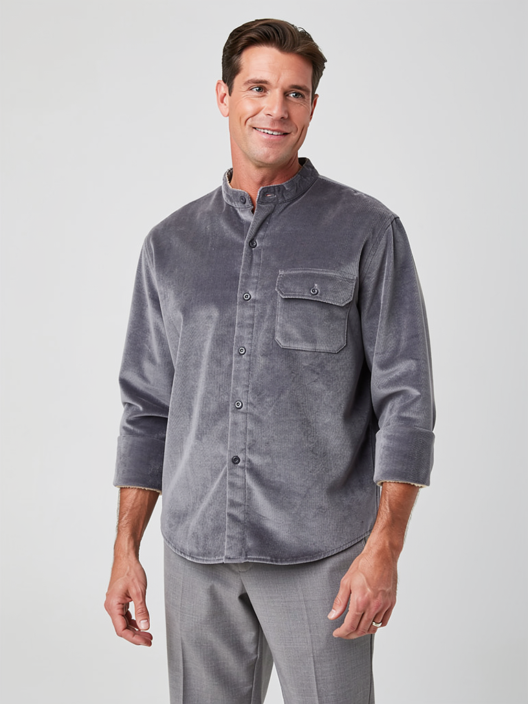 Coalvane Flannel-Lined Corduroy Band-Collar Shirt Jacket, Slate, front