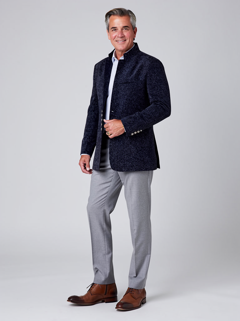 Coalvane Textured Stand-Collar Unstructured Blazer, Navy Fleck, front