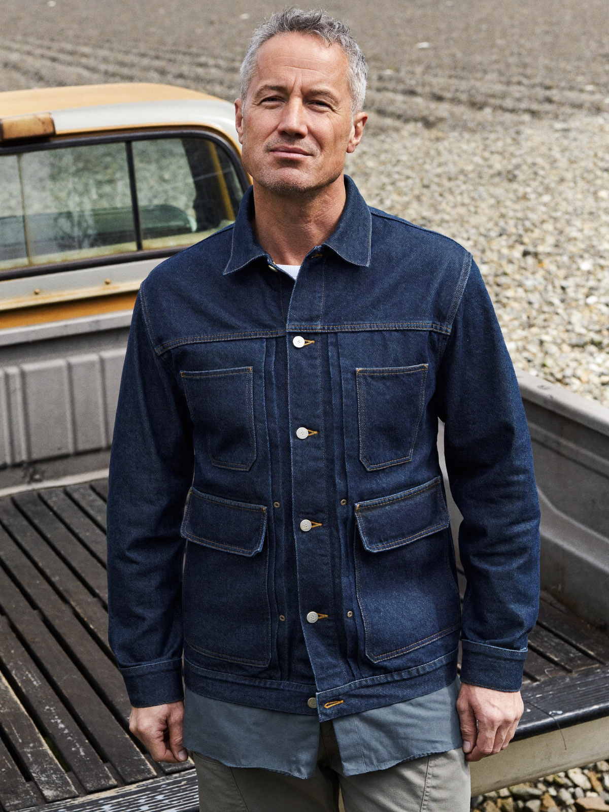 Man in a washed indigo denim jacket standing beside a pickup truck bed in a farmyard